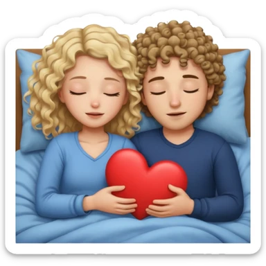cuddling in bed, asleep. wavy haired blonde girl. curly haired brunette man. eyes closed. heart between them. no headboard sticker