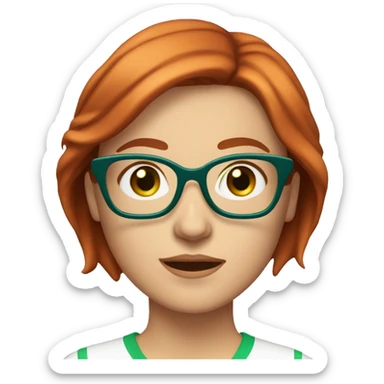 Adult Caucasian woman with choppy straight chin-length highlighted red hair and blue eyes and green glasses and white shirt sticker
