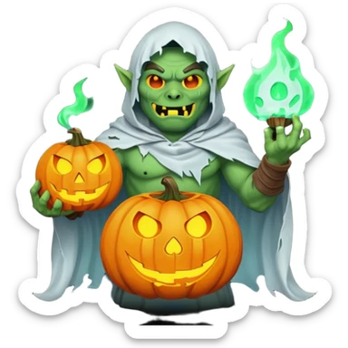 male orc warrior ghost emoji, green skin, wearing torn white ghost sheet costume, holding glowing jack-o'-lantern, faint blue aura, friendly but spooky expression, Halloween fantasy theme, Apple emoji style, clean white background, square sticker