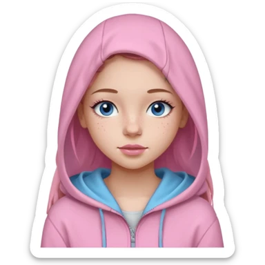 Create a TEENAGE girl with LONG and straight light brunette hair with a middle part, light skin, light freckles, and blue-gray eyes. She will have pink lips and LONG eyelashes. She will be wearing a light pink zip-up hoodie that is off her shoulder. sticker