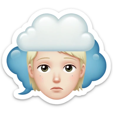 A face with anxious expression looking away, thought bubble with dots above, emotional distance, minimal design sticker