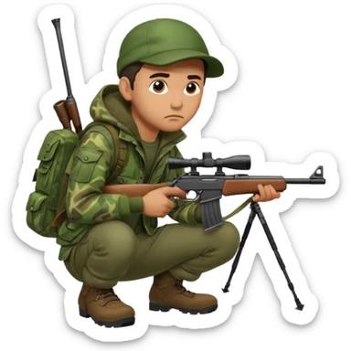 male hunter crouching with gun, alert expression sticker