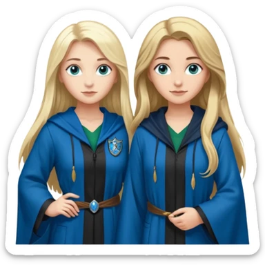 hot Slytherin girl with long blonde hair, blue eyes and big boobs standing with a pretty ravenclaw girl with long brown hair and blue eyes sticker
