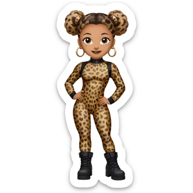 Melanie Brown smiling with her hair in space buns and wearing a tight leopard print bodysuit and black combat boots sticker