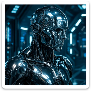metal head, futuristic android with chrome head, sci-fi style sticker