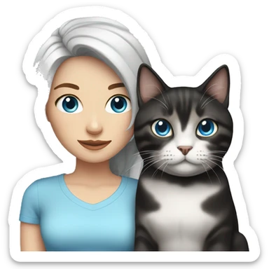 White woman with black hair and blue eyes with tabby cat sticker