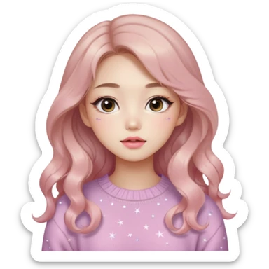 “korean Emoji girl, soft eyeliner, gradient rose lips, light brown shimmer eyeshadow, sparkly aegyo-sal, long wavy hair, cozy pastel sweater.” sticker