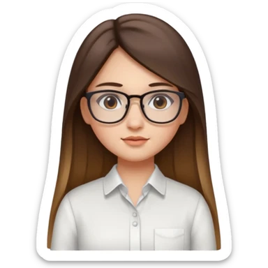 Chica de piel blanca con cabello liso largo con balayage, ojos cafe obcuro con lentes cuadrados, gordita, camisa e vestir blanca sticker