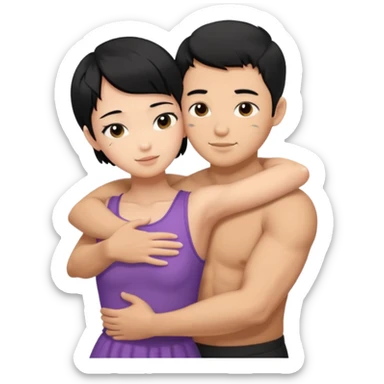 buff tan asian Man black hair hugging girl with black pixie cut  sticker