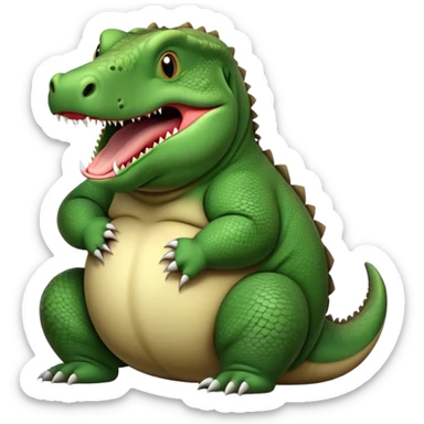 A very chubby, overfed komodo dragon with a round belly, making a hiccup expression with its mouth open slightly sticker