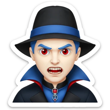 Vampire with blue hat ,black coat with read collared ,teeth looks like vampire with aggression on face and a full body. sticker