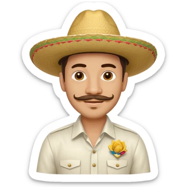 A happy, light skinned, Colombian man, with a small not connected mustache, a small gotee, wearing a Colombian Sombrero Voltiao, and wearing a white dress shirt sticker