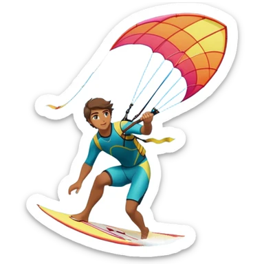 A professional kite surfer riding the waves, holding the kite in front of them as the wind fills the sail, propelling them across the water. The backdrop features a stunning landscape with a vibrant sky, crashing waves, and a sense of motion and adventure. sticker