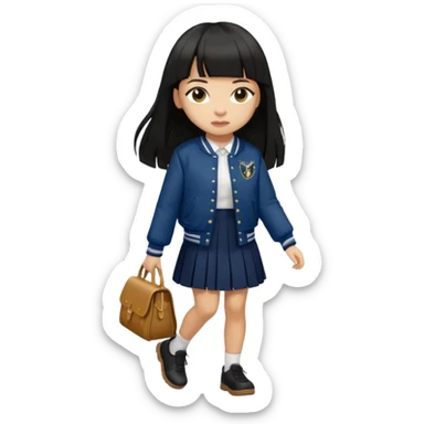 hair : black long hair with fringe 
skin : light 
cloth : deep brown varsity jacket + navy long long school girl skirt 
motion : walking 


 sticker