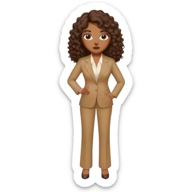 dark brown woman with medium brown long curly hair with middle part and an executive tan pant suit  sticker