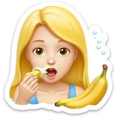 a girl rinsing mouth with pale yellow water coming out from a banana sticker