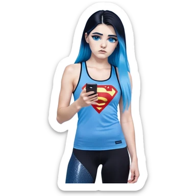 Shameful disappointed crying-very very very very big chest-texting on a samsung cell phone-very long straight flowing black to sky blue hair ombre-blue eyes-black eyeliner-long eyelashes-plastic sparkling sky blue very low cut tank top with sparkling superman logo-black leggings-nike sneakers sticker