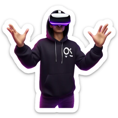 Russian man wearing a black hoodie with "OMG" letters on it and VR headset oculus quest 2 in a cyberpunk VR environment with violet neon lighting. Showing direction with hand sticker
