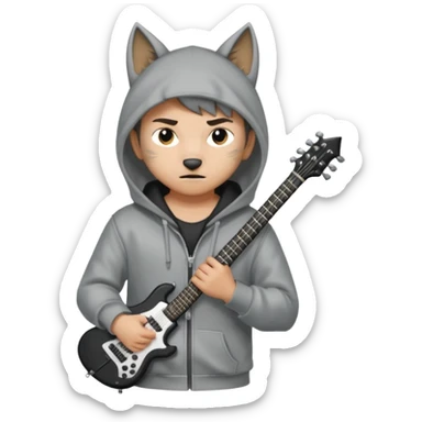 Wolf Cut boy wearing hoodie with a katana on his back and a guitar behind him sticker