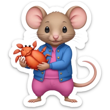 A male rat wearing blue and carrying in his arms a female rat wearing pink with a crab chasing them sticker
