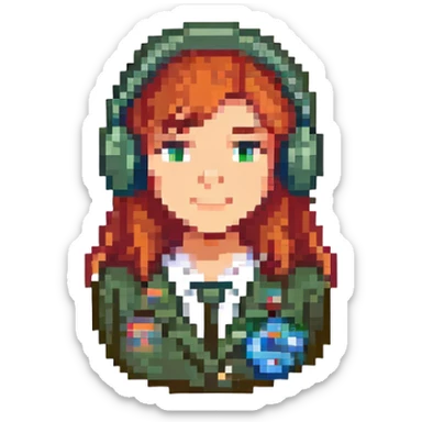 Crop the image to show only the female recruiter's head and shoulders, including the YC logo badge on her jacket, with a headset. Render in cute 8-bit pixel art style with no background. sticker