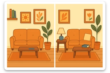 Create a second version of the cozy room image with three subtle differences for a 'find the three differences' quiz. Make subtle changes such as changing the color of a lamp, removing a book, or altering a plant. Keep the style, lighting, and layout consistent with the original image. sticker