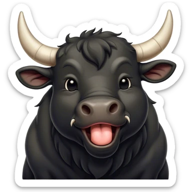 Cinematic Cute Yawning Black Bull Portrait Emoji, Head tilted slightly with a dramatic, wide-open yawn, showcasing a smooth, pure black hide with a subtle texture, floppy ears slightly drooping, round dark eyes barely open in drowsy contentment, Simplified yet irresistibly adorable features, highly detailed, glowing with a soft, cozy glow, high shine, relaxed yet expressive, stylized with a touch of rugged whimsy, bright and endearing, soft glowing outline, capturing the essence of a sleepy yet affectionate guardian, so drowsy it feels like it could charge right out of the screen and curl up for a nap! sticker