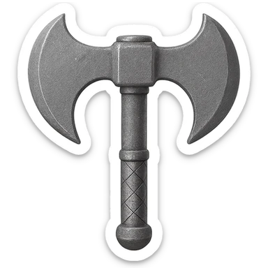 Recolor this bronze battleaxe to a slightly worn iron, keep the same shape, realistic metallic iron, emoji style, transparent background. sticker
