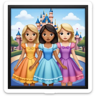 escribe el nombre Disneyland Paris y para titulo, pon a quatro chicas: una pelo corto negro, una pelo rizado largo, una pelo largo liso y la otra pelo ondulado mediano, esta con el ojos azules. Haz un cuadrado rectangular grande en grande blanco y por los lados pon a las chicas que te he descrito sticker