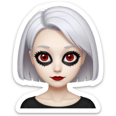 Afemale, unnatural eye color with veiny eyes, sickly skin texture combined with an unnatural creepy smile, liminal setting that feels wrong, uncanny eerie art style, scary femme fatale, bob cut, mole under eye, white hair, red iris, black mascara, black eyeshadow, Gothic white skin, sticker