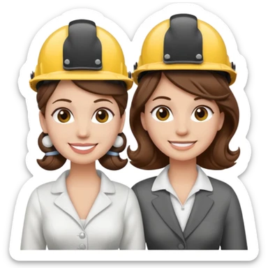 bride and groom couple, both with brown hair, bride has curlers in her hair, both wearing construction helmets and flats, both smiling, emoji style sticker