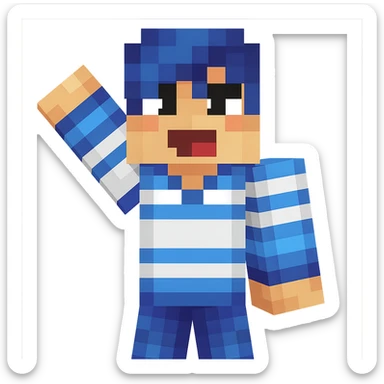 Extract only the first character from the left with blue and white stripes, keep the original Minecraft cartoon style and appearance, place on a transparent background. sticker