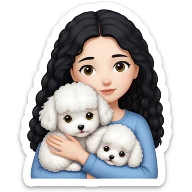 A girl with long straight black hair hugs a white curly-haired Bichon Frise puppy sticker