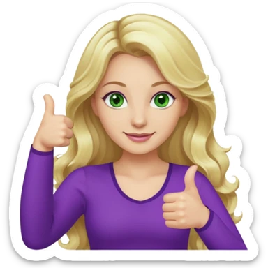 lady with long wavy blonde hair, purple top, green eyes, thumbs up sticker
