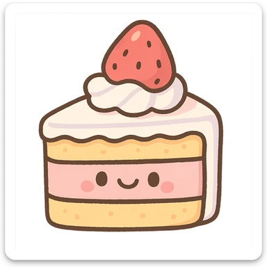 cute strawberry cake with whipped cream, smiling face, kawaii, soft light, hand-drawn look, pastel toon style sticker
