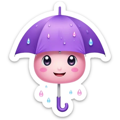 Cute Kawaii Umbrella, small and cute, soft pastel pink and purple, tiny rain droplets smiling down, a chubby round handle, big sparkling eyes full of joy! sticker