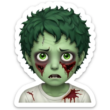 zombie character with green skin, messy short curly black hair, and no glasses. Give him large expressive eyes, a slightly frightened or eerie expression, subtle wounds, dark under-eye shadows, and a few cracks or dried blood marks on the face.  white shirt and no bleeding eyes **BLACK HAIR** sticker