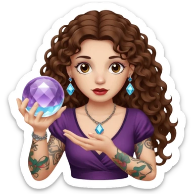 woman with long curly brown hair, brown eyes, white skin, tattoos, holding a crystal ball showing nonsense sticker