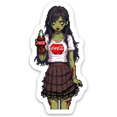 Generate an Asian girl, dark-haired, she's a zombie, wearing a skirt with lace, slightly torn,

Holding a bottle of Coca-Cola in her hands.

Background - a dark street in the style of Gotham City. sticker