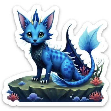 Epic complex abyssal fantasy swampy glorious detailed dark dusky gloomy deep gothic gloomy cobalt-blue-abyss-blue-black-greyish, realistic Fakémon-Sprigatito-Floragato-Meowscarada-Vaporeon-Salandit-Trico-Sergal-Serval-Vernid-creature (full body) with mermaid-ears, tail fin, shiny sparkly, iridescent sticker