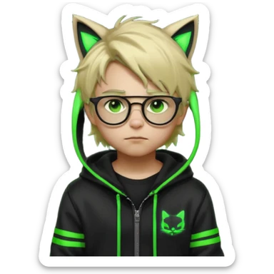 Light blond, slightly messy hair
Black glasses
A black hoodie with cat ears
Neon green details on the jacket and pants (glowing lines and stripes)
An overall hacker / cyberpunk style look
A neutral facial expression (boy )eyes brown) the hood with ears BROWN EYE BROWN EYE sticker