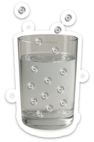 un bicchiere di acqua realistico e dettagliato fluttua in aria, dentro l'acqua del bicchiere ci sono particelle di cloro ben visibili con la scritta "Cl" sopra, ci sono particelle anche che escono dal bicchiere e fluttuano in aria verticalmente, mentre alcune sono all'interno dell'acqua nel bicchiere, iperrealistico 4k sticker