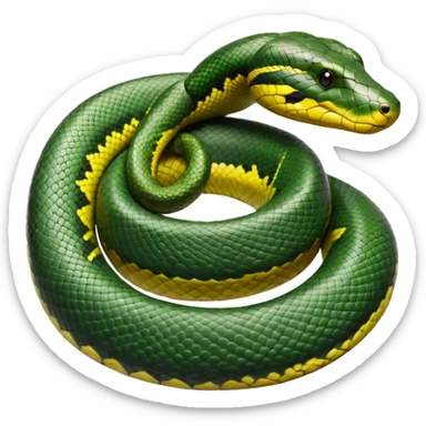 A photo-realistic top-down view of a Green Anaconda tightly coiled in a spiral, with its broad, flat head resting at the center. Its olive-green body is thick and muscular, patterned with symmetrical, bold black oval spots that flow along its smooth, glossy scales. sticker