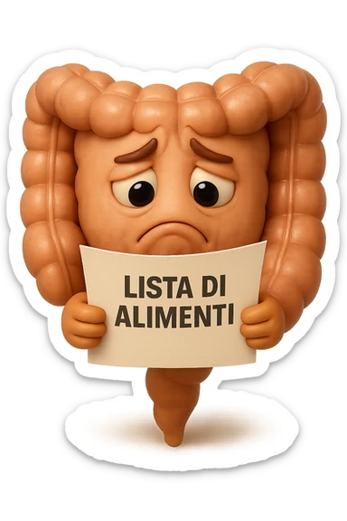 EMOJI STILE IPHONE DI UN INTESTINO CHE LEGGE UN FOGLIO CON LA SCRITTA "lista di alimenti" ed espressione triste in volto, IPERREALISTICO 4K sticker