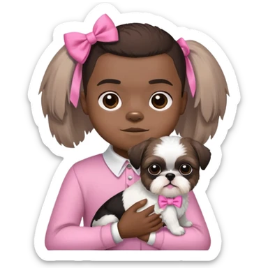 black little boy with a buzzcut holding black and white shih tzu dog who’s wearing a pink bow sticker