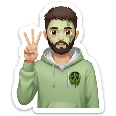zombie making peace sign, undercut hairstyle with dark brown hair, short full beard, wearing plain white hoodie sticker