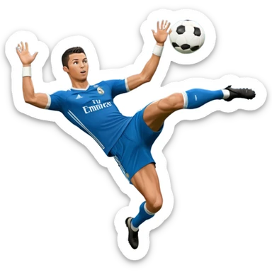 Ronaldo doing a bicycle kick with football in mid air While wearing a Retro blue Real madrid kit and yes i want it to be exactly the same as he Scored it in 2018 vs Juventus  sticker