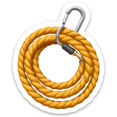 A 3D cartoon coiled climbing rope with a carabiner, golden color, resting on a rocky surface, realistic soft shadows, Memoji-style rendering. sticker