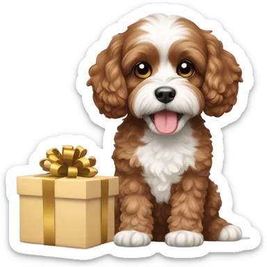 Brown and white cavapoo dog and gift box sticker