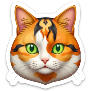 full body colourful calico tabby cat with skinny head and fat body with an anxious face sticker